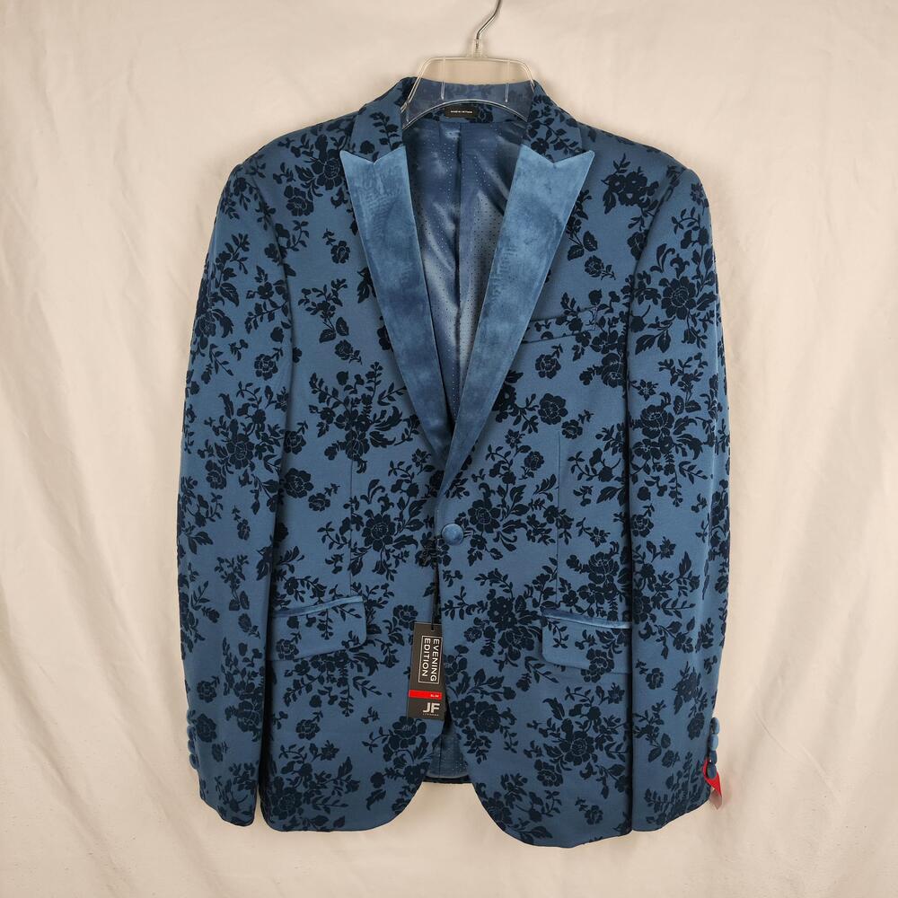 J Ferrar Tuxedo Jacket Mens 36R Teal Floral Velvet Slim Fit Evening Edition